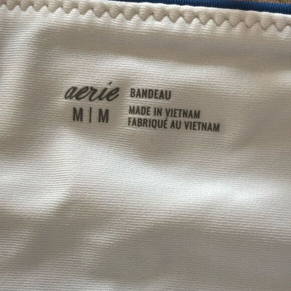 Aerie | Women’s Blue and White Bandeau Bikini Top White Ribbed Adjustable Straps - Picture 6 of 14